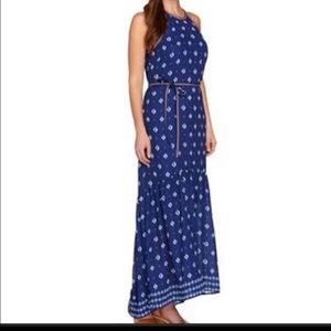 Blue Floral Sleeveless Boho Maxi Tiered Dress